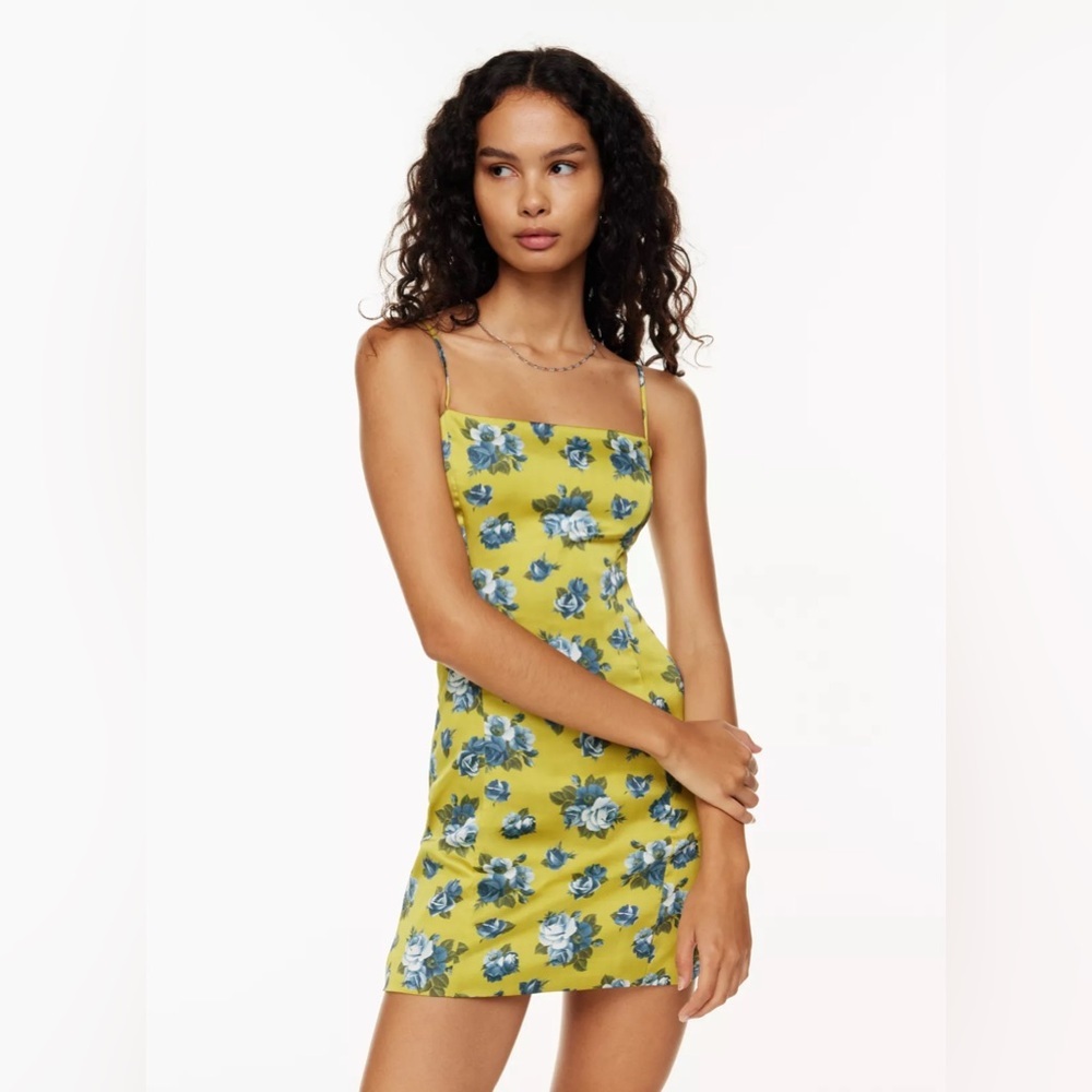 Size 2 blue/bright green floral print shimmer satin mini dress by Aritzia Sunday